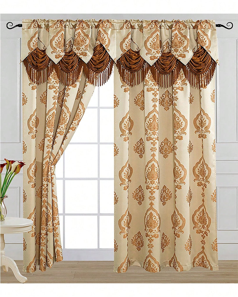 Luxury Fancy Jacquard Design Room Darkening Curtain Panel With Attached Waterfall Valance, 54 By 84-Inch Solid Plain Colors Rod Pocket Modern Semi Blackout For Living Room Bedroom And Dining Room