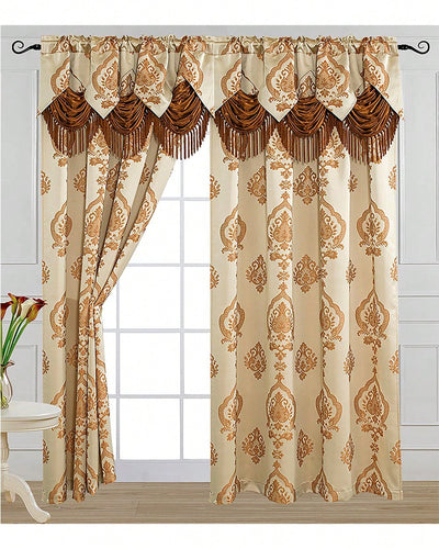 Luxury Fancy Jacquard Design Room Darkening Curtain Panel With Attached Waterfall Valance, 54 By 84-Inch Solid Plain Colors Rod Pocket Modern Semi Blackout For Living Room Bedroom And Dining Room